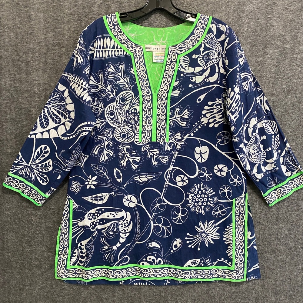 Gretchen Scott Designs Navy Blue & White Floral Tunic with Lime Trim